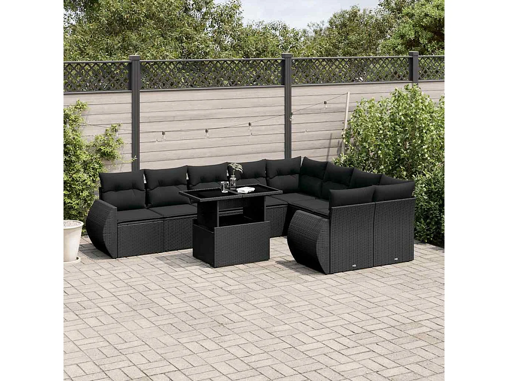 Garden Furniture - Set Divani da Giardino 10pz con Cuscini in Polyrattan Nero
