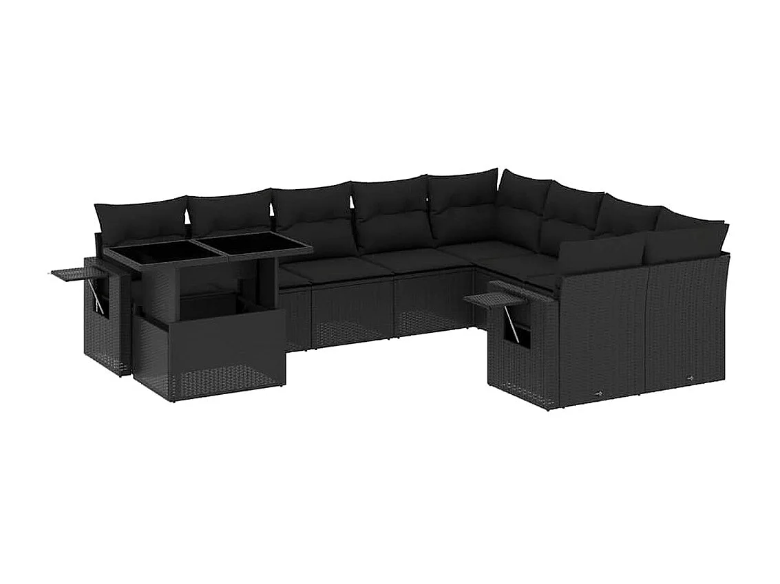 10 pcs conjunto sofás de jardim c/ almofadões vime PE preto