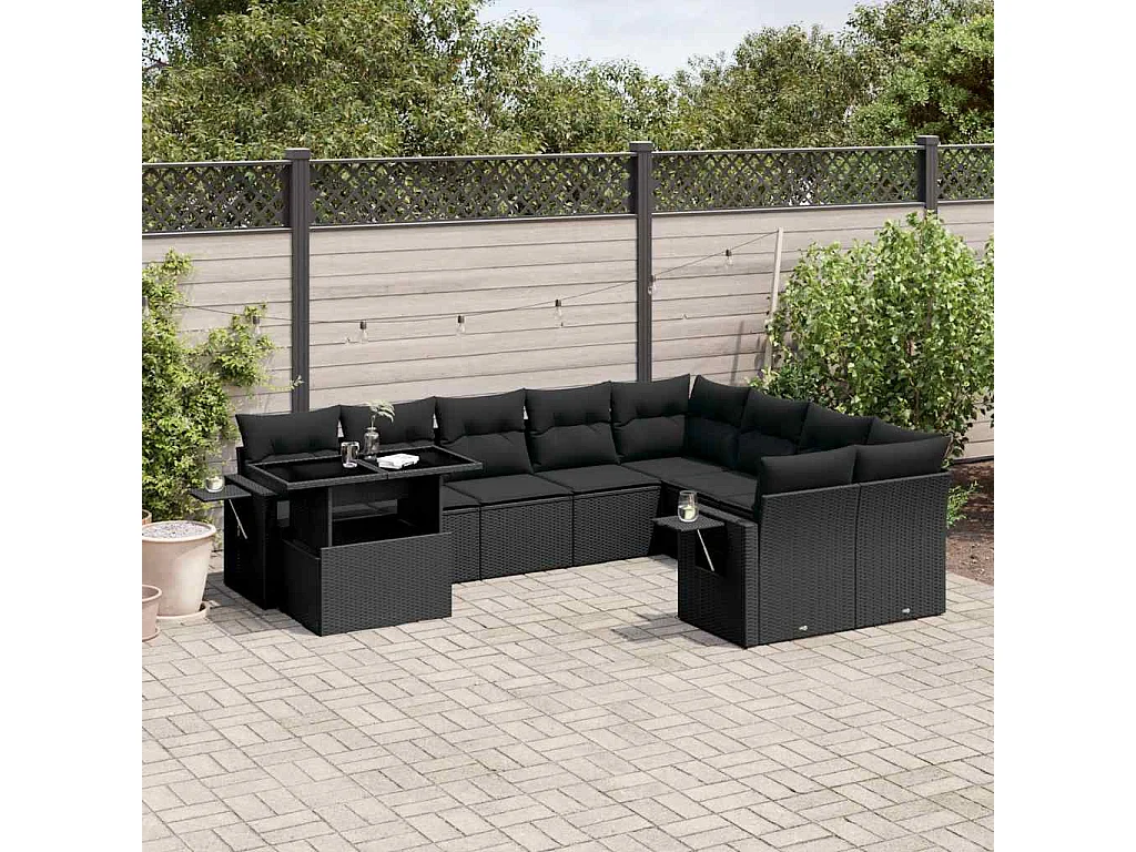 10 pcs conjunto sofás de jardim c/ almofadões vime PE preto
