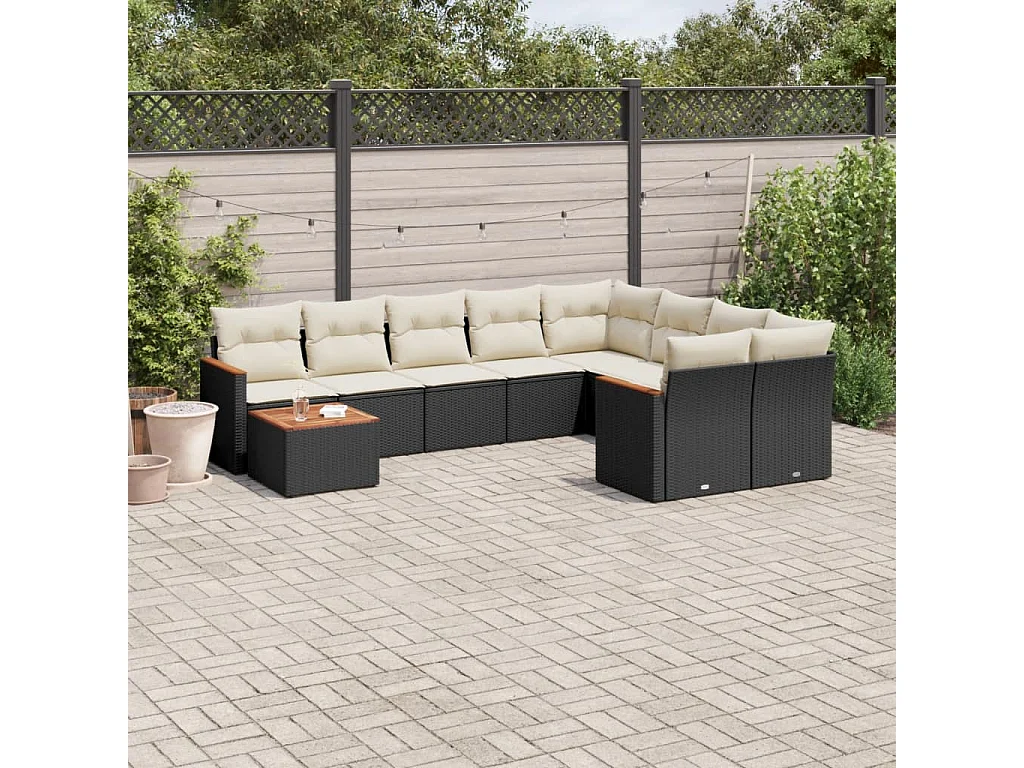 10 pcs conjunto sofás de jardim c/ almofadões vime PE preto