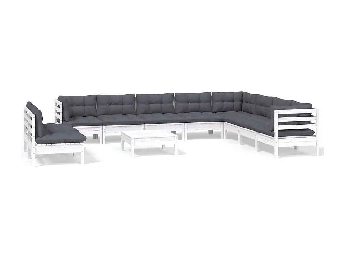 11 pcs conj. lounge de jardim c/ almofadões pinho maciço branco