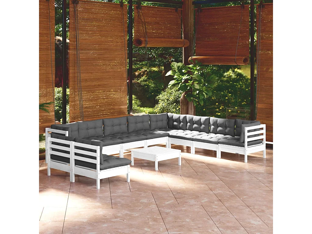 11 pcs conj. lounge de jardim c/ almofadões pinho maciço branco