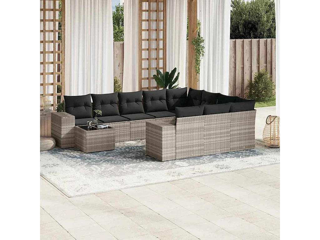 Garden Furniture - 11-tlg. Garten-Sofagarnitur mit Kissen Hellgrau Poly Rattan