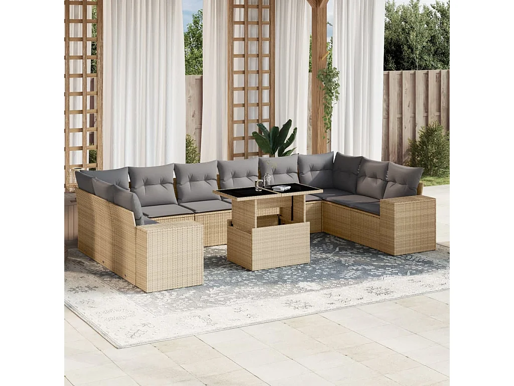 Garden Furniture - 11-tlg. Garten-Sofagarnitur mit Kissen Beige Poly Rattan