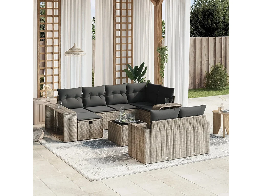 11 pcs conjunto sofás de jardim c/ almofadões vime PE cinzento