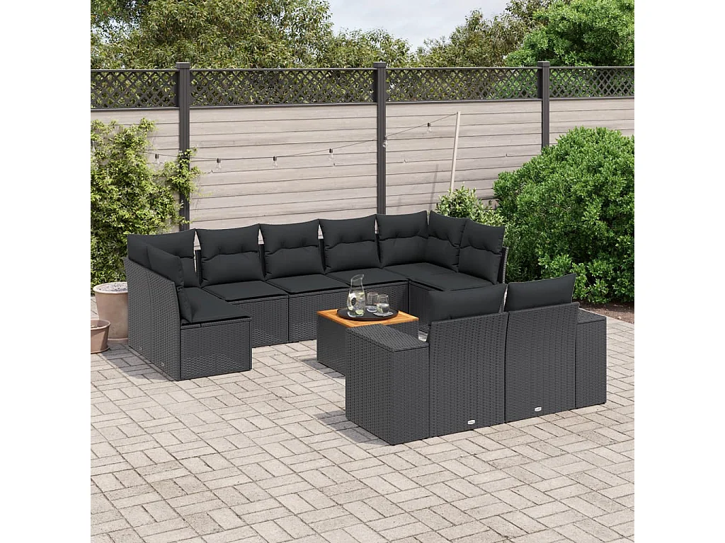 Garden Furniture - Set Divani da Giardino 10pz con Cuscini in Polyrattan Nero