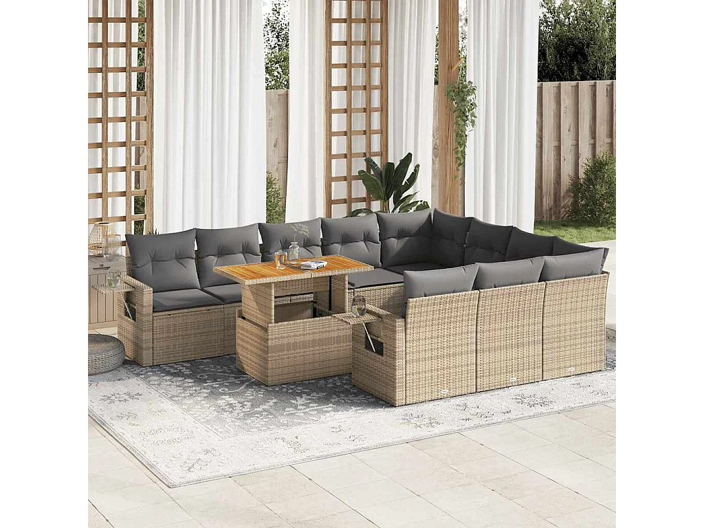 Garden Furniture - 11-tlg. Garten-Sofagarnitur mit Kissen Beige Poly Rattan