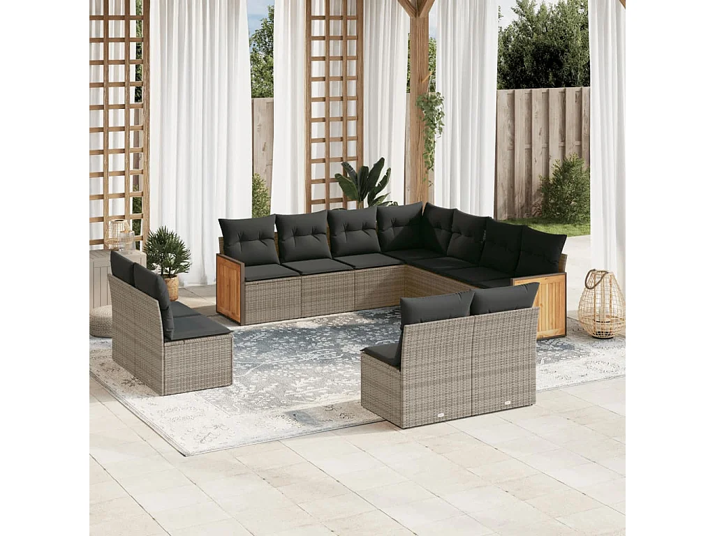 11 pcs conjunto sofás de jardim c/ almofadões vime PE cinzento