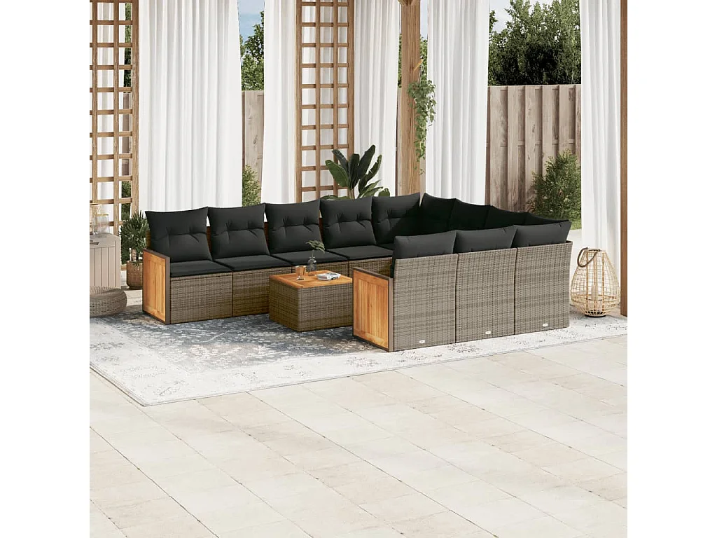 Garden Furniture - 11-tlg. Garten-Sofagarnitur mit Kissen Grau Poly Rattan