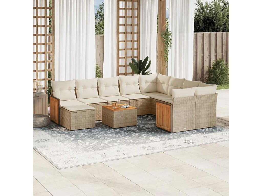 Garden Furniture - 11-tlg. Garten-Sofagarnitur mit Kissen Beige Poly Rattan