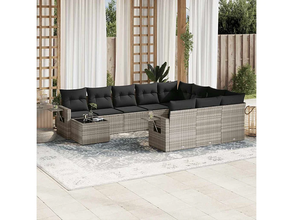 Garden Furniture - 11-tlg. Garten-Sofagarnitur mit Kissen Hellgrau Poly Rattan