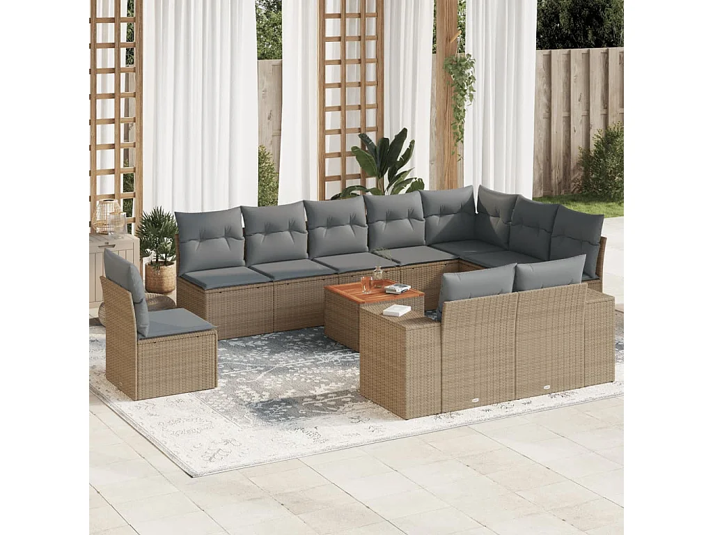 Garden Furniture - 11-tlg. Garten-Sofagarnitur mit Kissen Beige Poly Rattan