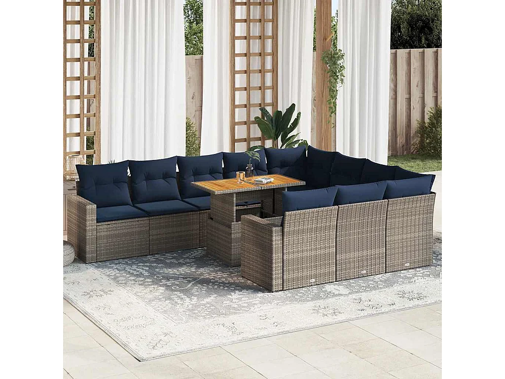 Garden Furniture - 11-tlg. Garten-Sofagarnitur mit Kissen Grau Poly Rattan