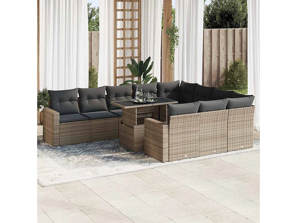 Garden Furniture - 11-tlg. Garten-Sofagarnitur mit Kissen Grau Poly Rattan