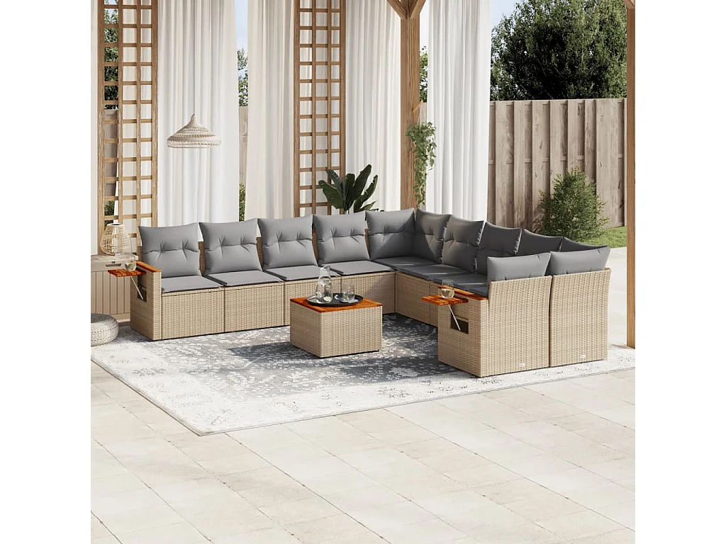 Garden Furniture - 11-tlg. Garten-Sofagarnitur mit Kissen Beige Poly Rattan