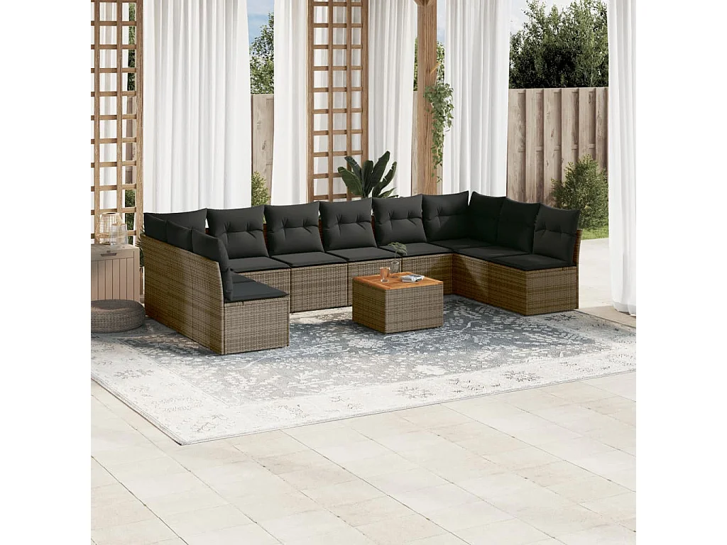 Garden Furniture - 11-tlg. Garten-Sofagarnitur mit Kissen Grau Poly Rattan