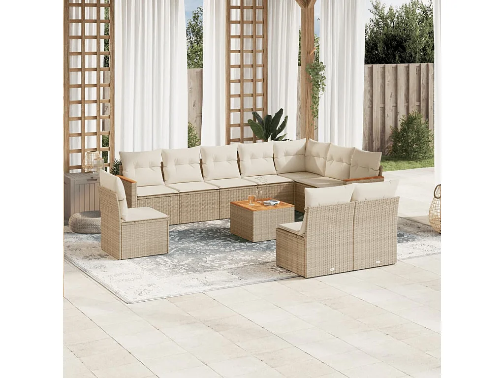 11 pcs conjunto sofás de jardim c/ almofadões vime PE bege