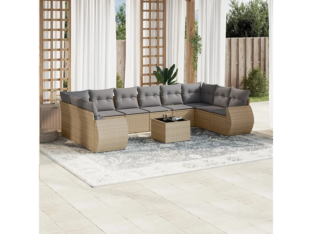 Garden Furniture - Set Divani da Giardino 11 pz con Cuscini Beige in Polyrattan