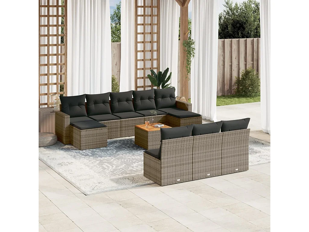 Garden Furniture - 11-tlg. Garten-Sofagarnitur mit Kissen Grau Poly Rattan