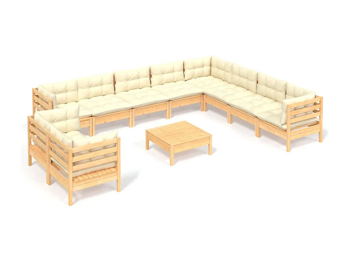 11 pcs conjunto lounge jardim c/ almofadões creme pinho maciço