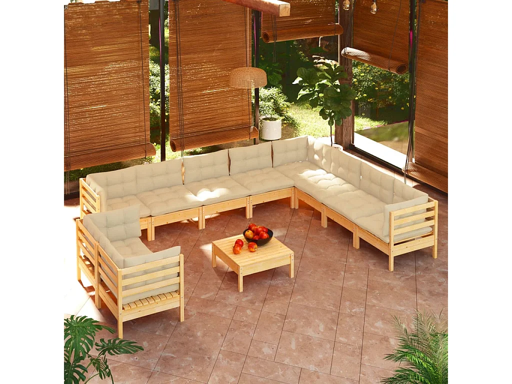 11 pcs conjunto lounge jardim c/ almofadões creme pinho maciço