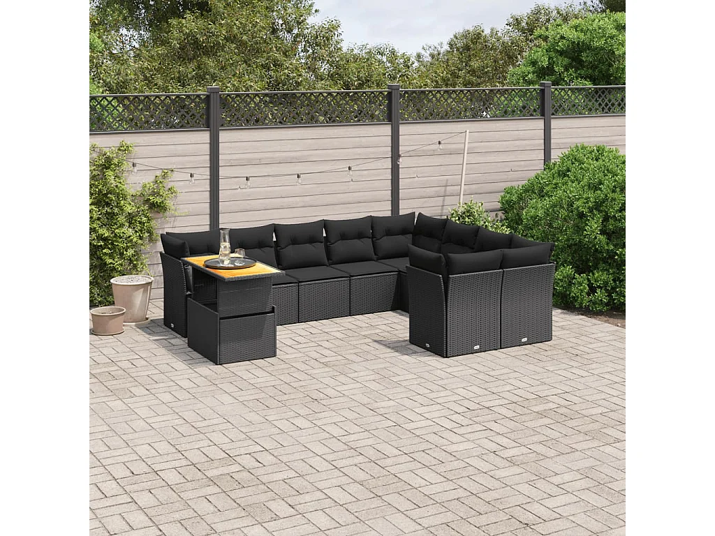 Garden Furniture - 10-tlg. Garten-Sofagarnitur mit Kissen Schwarz Poly Rattan