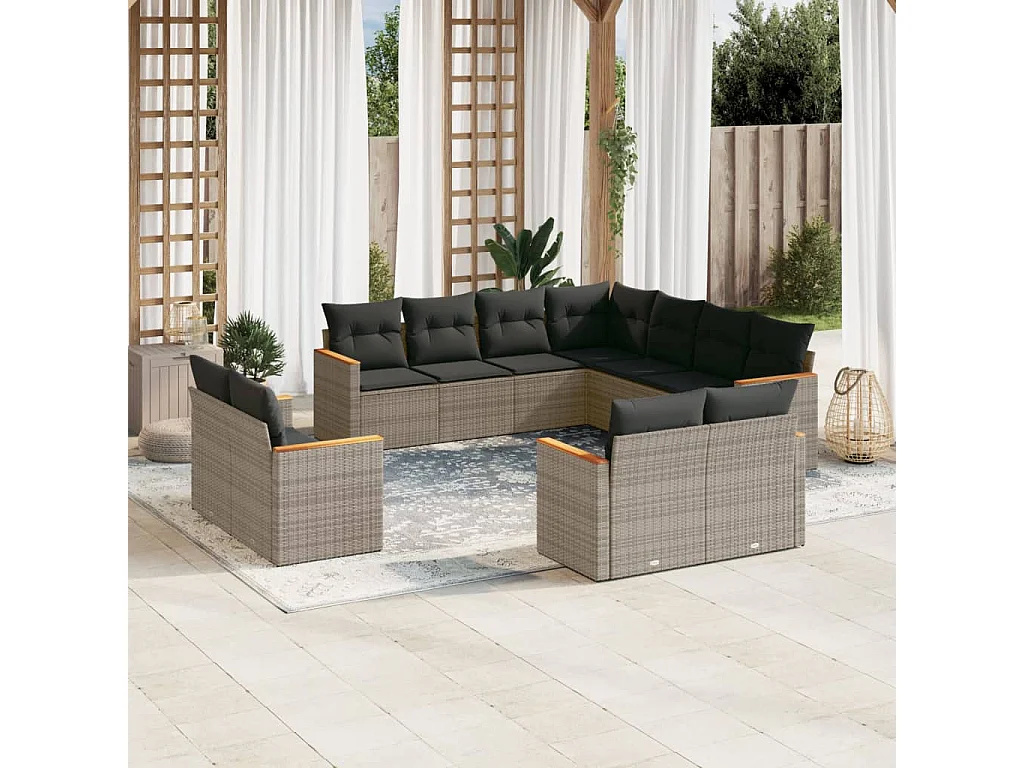 Garden Furniture - 11-tlg. Garten-Sofagarnitur mit Kissen Grau Poly Rattan