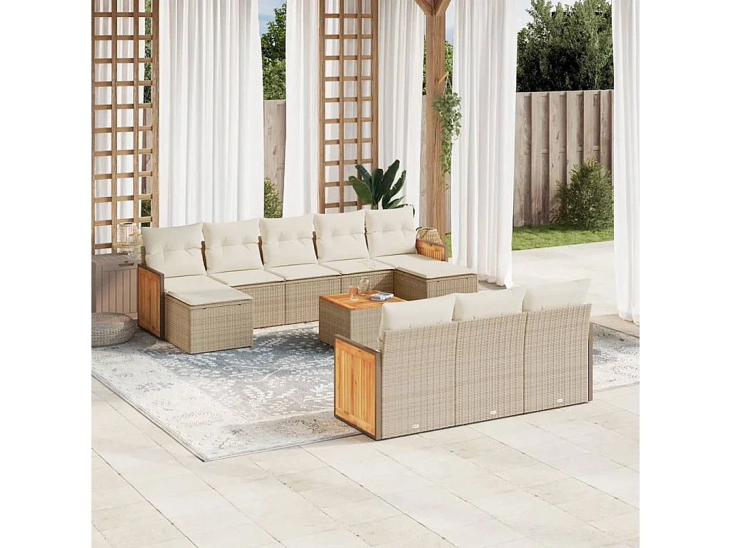 Garden Furniture - 11-tlg. Garten-Sofagarnitur mit Kissen Beige Poly Rattan