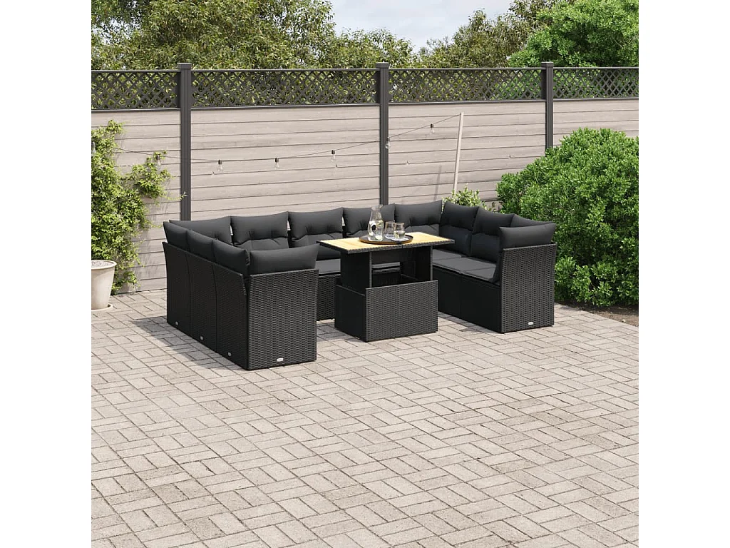 Garden Furniture - 10-tlg. Garten-Sofagarnitur mit Kissen Schwarz Poly Rattan