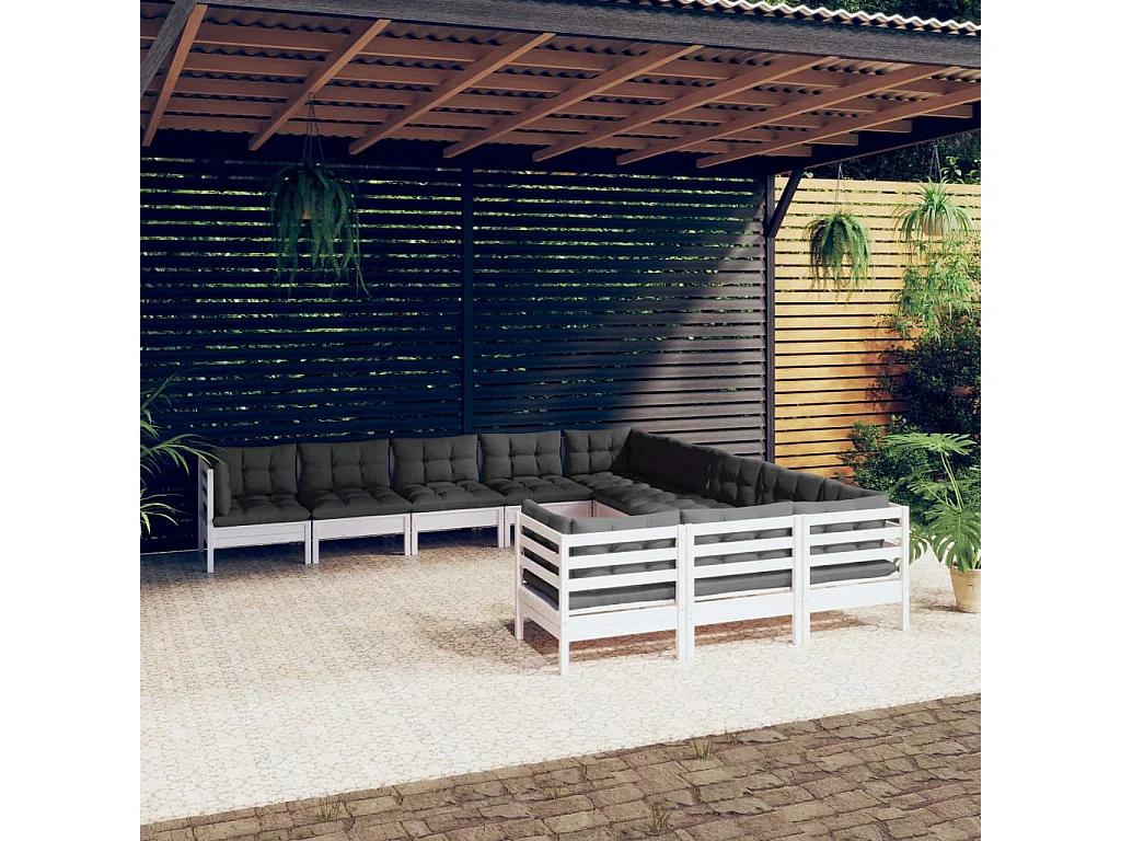 11 pcs conjunto lounge de jardim c/ almofadões pinho branco