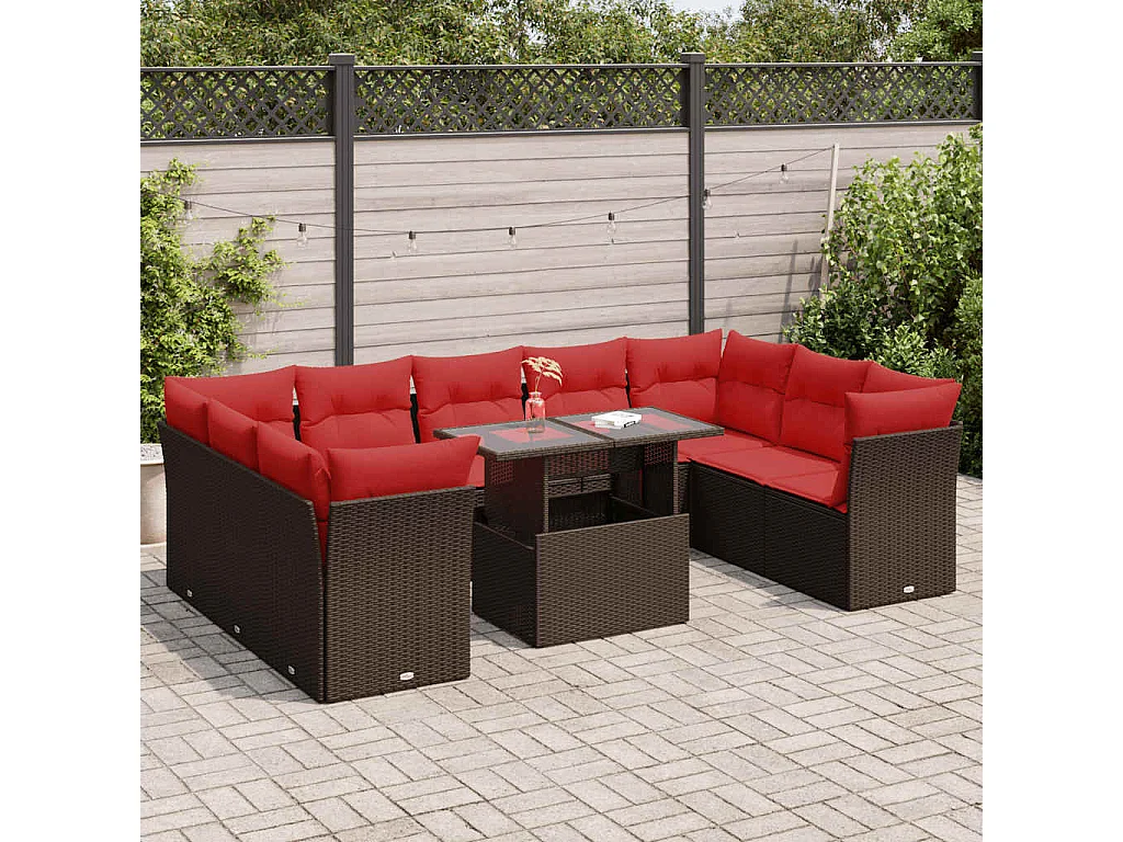 Garden Furniture - Set Divani Giardino 10 pz con Cuscini Polyrattan Marrone Acacia