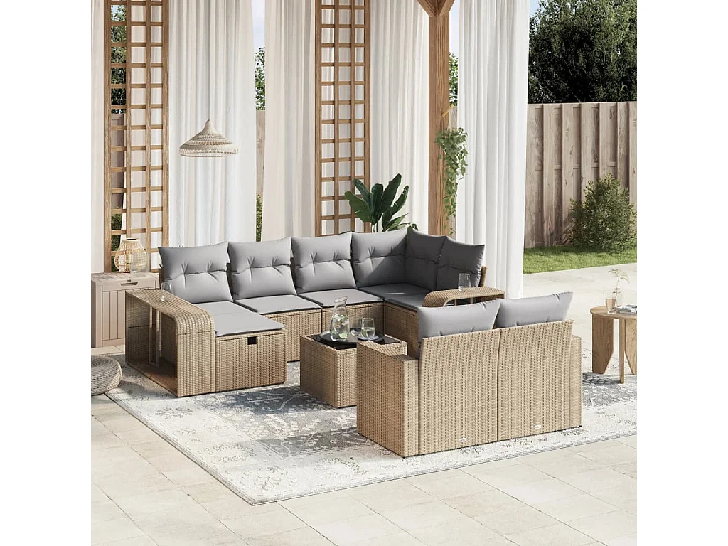 Garden Furniture - 11-tlg. Garten-Sofagarnitur mit Kissen Beige Poly Rattan