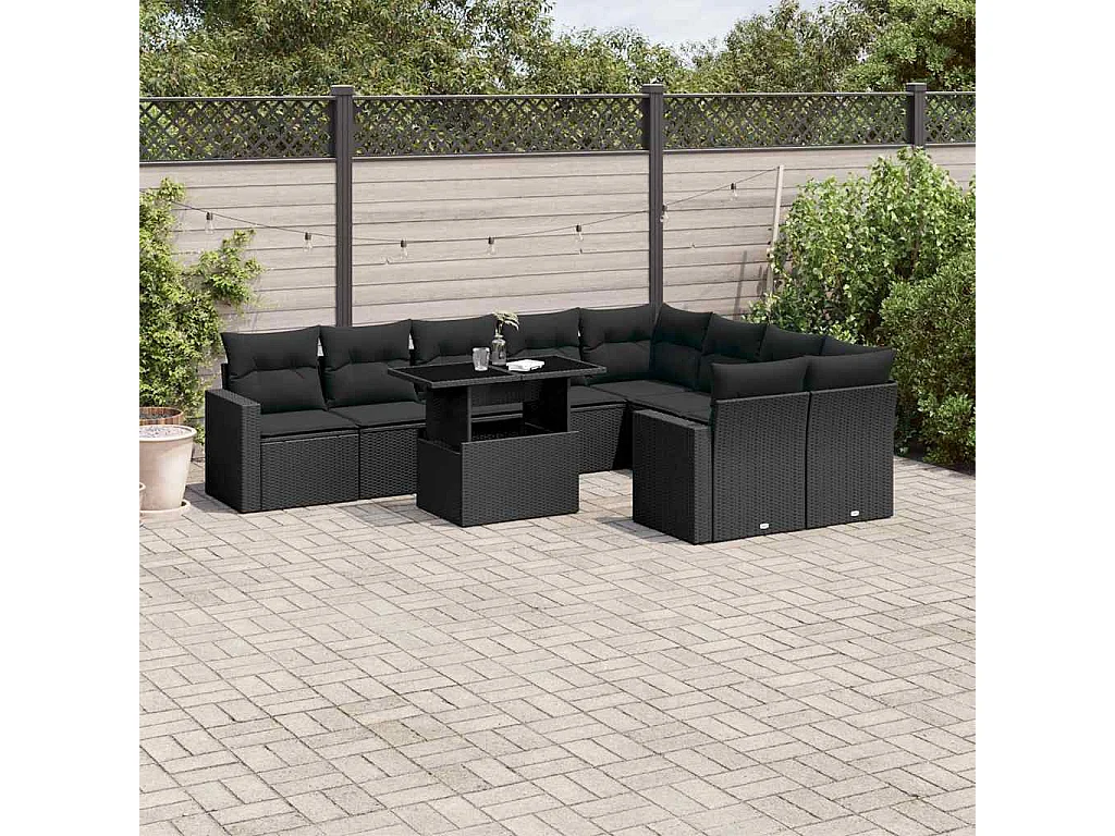 Garden Furniture - Salon de jardin 10 pcs avec coussins noir résine tressée