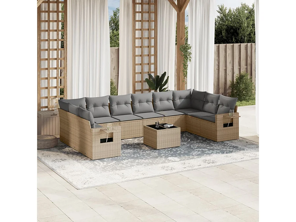 Garden Furniture - Salon de jardin 11 pcs avec coussins beige résine tressée