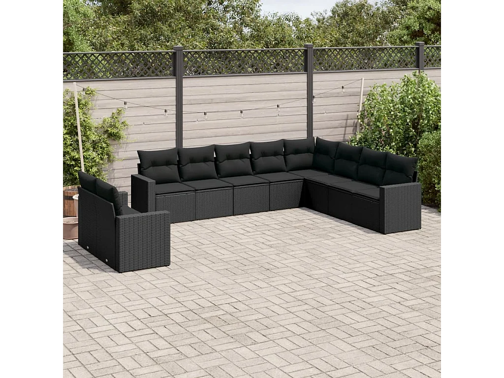 Garden Furniture - 10-tlg. Garten-Sofagarnitur mit Kissen Schwarz Poly Rattan