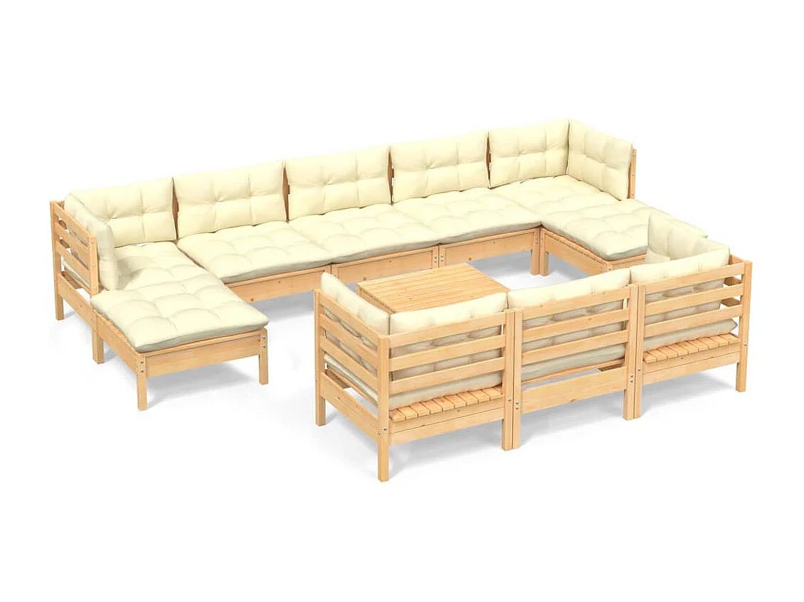 11 pcs conjunto lounge jardim c/ almofadões creme pinho maciço