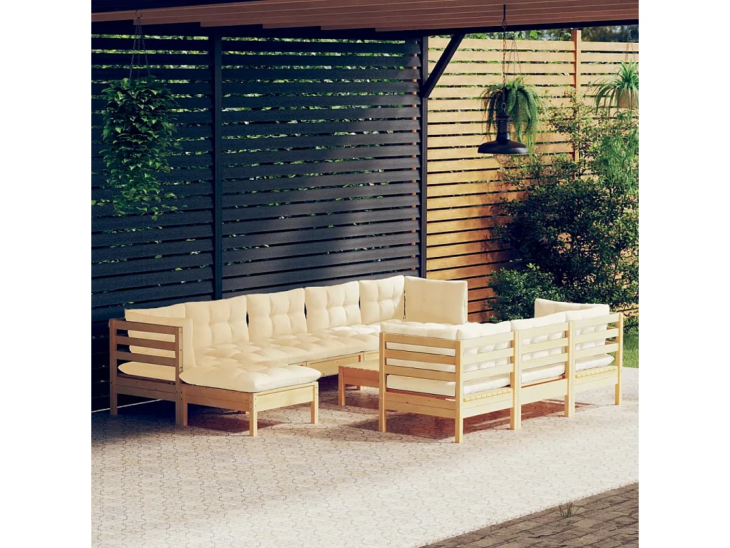 11 pcs conjunto lounge jardim c/ almofadões creme pinho maciço