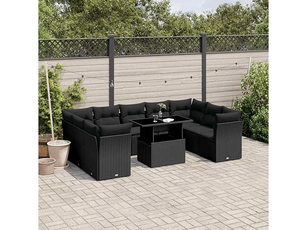 Garden Furniture - Set Divani da Giardino 10pz con Cuscini in Polyrattan Nero