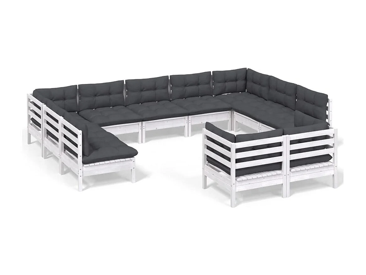 11 pcs conj. lounge de jardim c/ almofadões pinho maciço branco