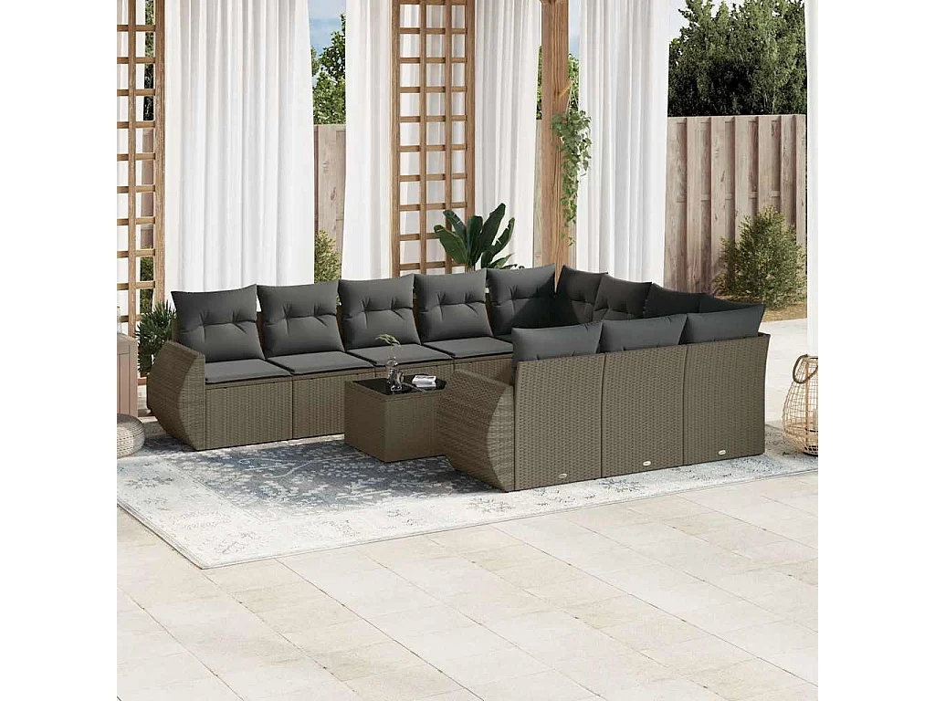 11 pcs conjunto sofás de jardim c/ almofadões vime PE cinzento