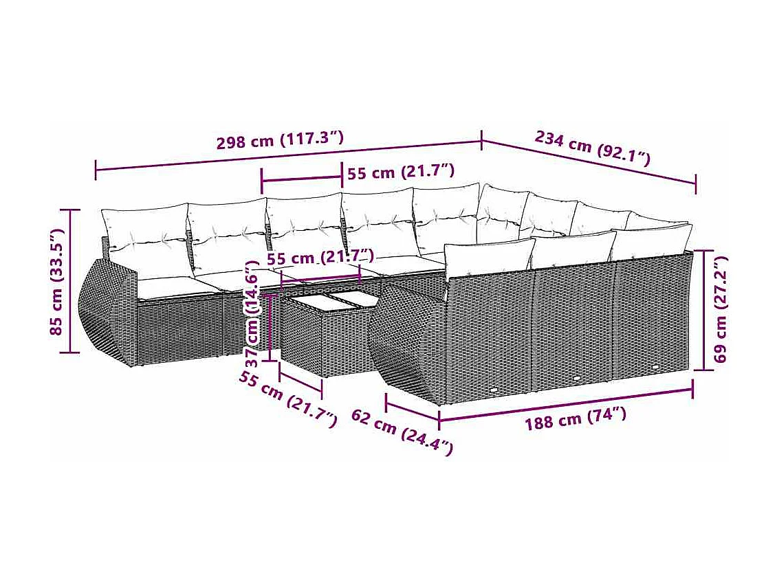 11 pcs conjunto sofás de jardim c/ almofadões vime PE cinzento