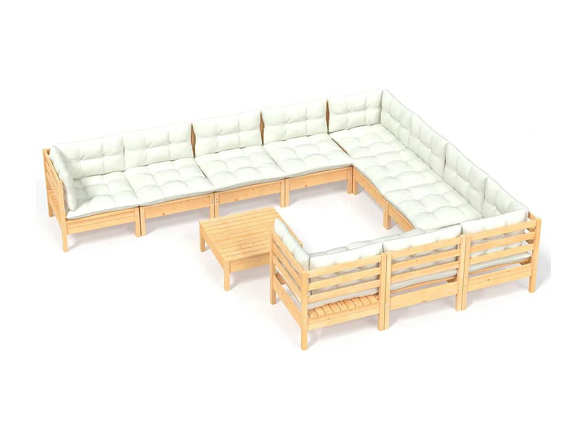 11 pcs conjunto lounge de jardim c/ almofadões cor creme pinho