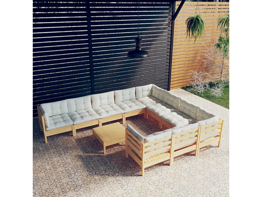 11 pcs conjunto lounge de jardim c/ almofadões cor creme pinho