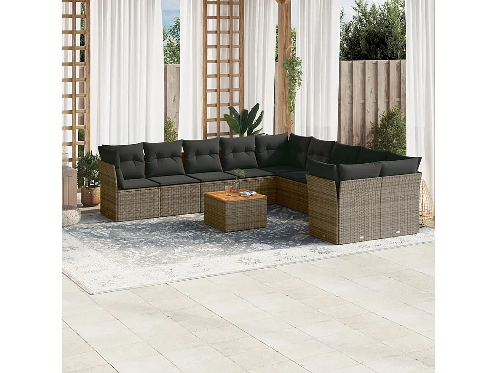 Garden Furniture - 11-tlg. Garten-Sofagarnitur mit Kissen Grau Poly Rattan
