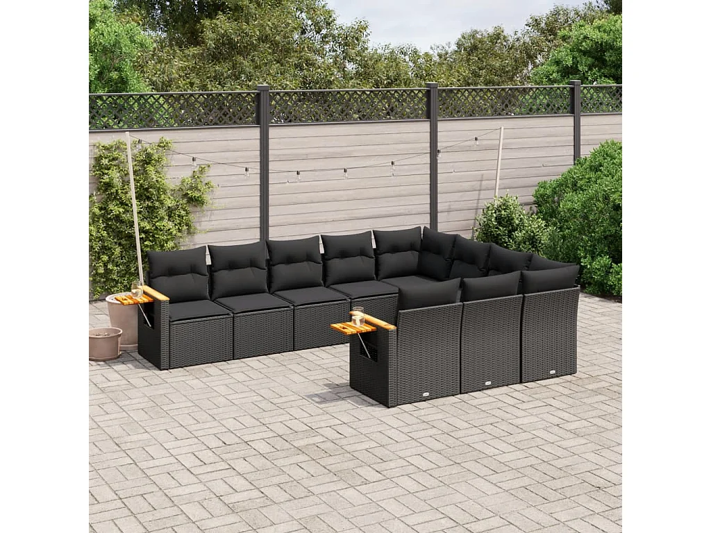 Garden Furniture - 10-tlg. Garten-Sofagarnitur mit Kissen Schwarz Poly Rattan