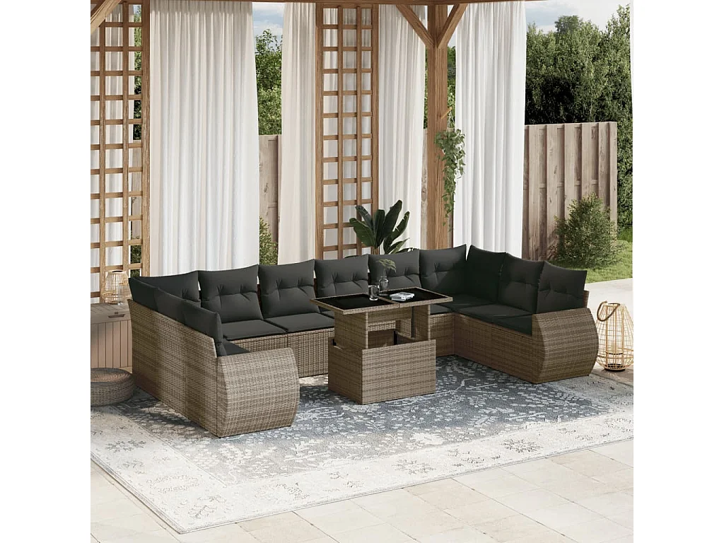 Garden Furniture - 11-tlg. Garten-Sofagarnitur mit Kissen Grau Poly Rattan