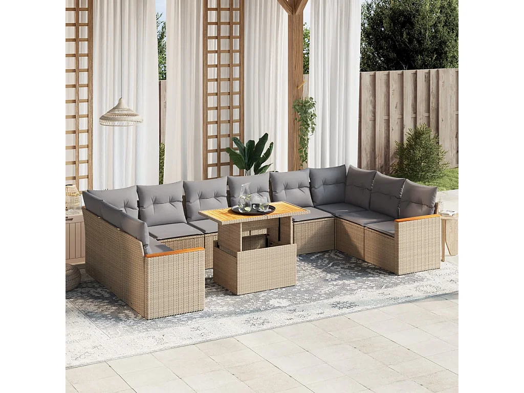 Garden Furniture - 11-tlg. Garten-Sofagarnitur mit Kissen Beige Poly Rattan