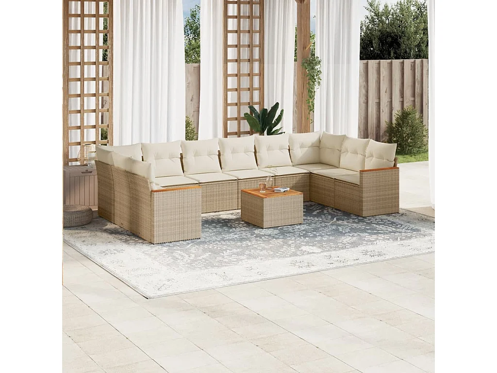 11 pcs conjunto sofás de jardim c/ almofadões vime PE bege