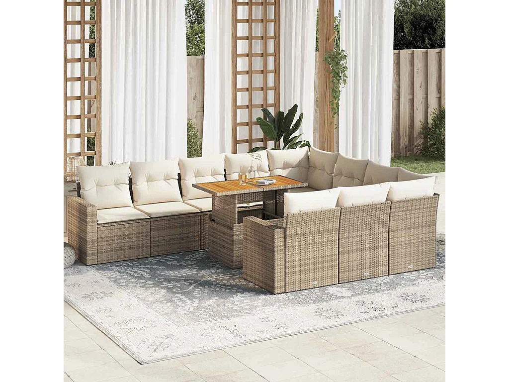 Garden Furniture - 11-tlg. Garten-Sofagarnitur mit Kissen Beige Poly Rattan