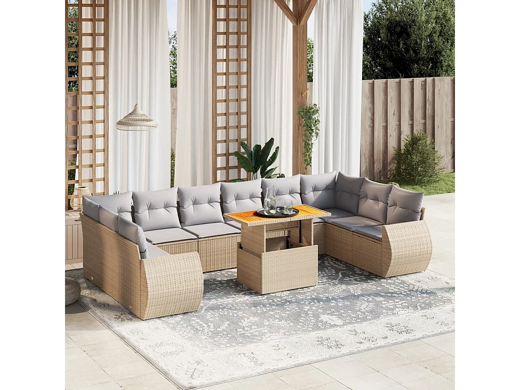 Garden Furniture - 11-tlg. Garten-Sofagarnitur mit Kissen Beige Poly Rattan